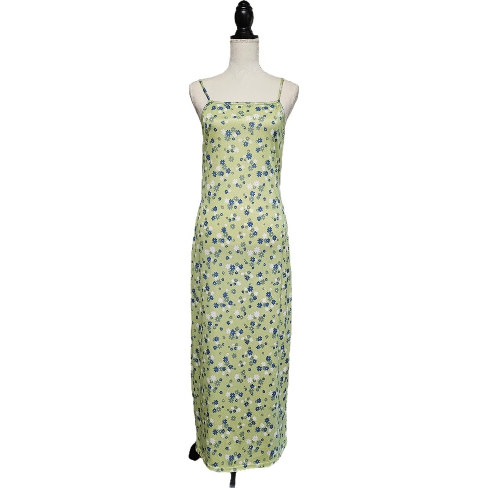 90s Y2K Lime Green Floral Maxi Dress Sz‎ L Indie Sleaze